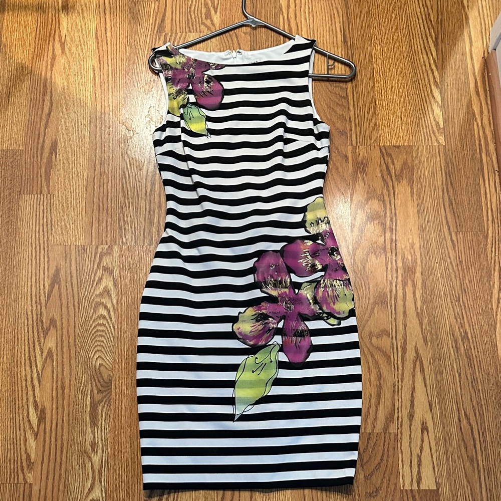 Cache Black and White Striped Dress with Purple Floral